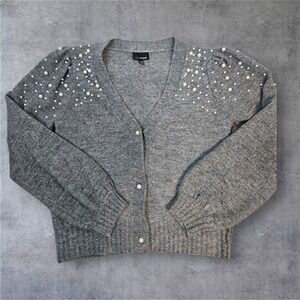 Lucy Paris Gray Pearl Embellished Puff Sleeve V Neck Cardigan Sweater XS Q37